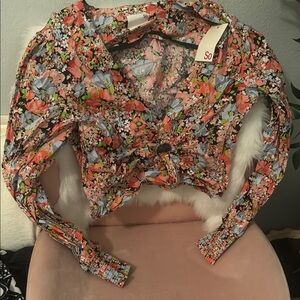 SO Pink and Brown Crop Blouse with Notched Collar